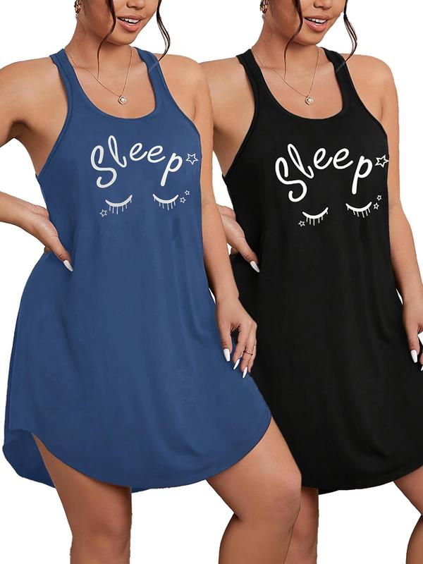  Letter & Cartoon Face Print Tank Nightdress, Casual Soft Comfortable Racer Back Sleeveless Nightgown for Women, Women's Sleepwear for All Seasons